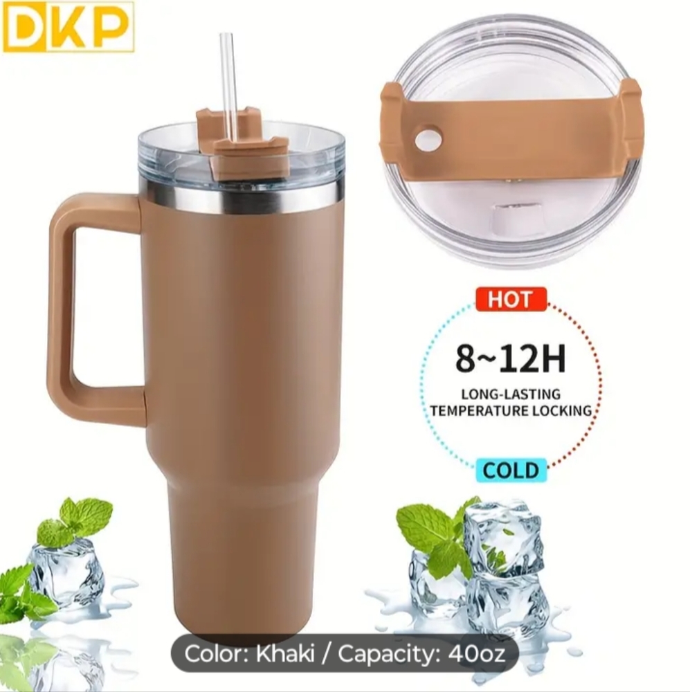 40oz Insulated Stainless Steel Water Bottle with Handle & Straw Lid khaki color